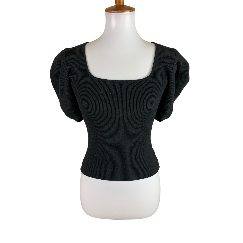 Baltic Born Black Rib Knit Puff Sleeve Square Neck Stretch Top Large